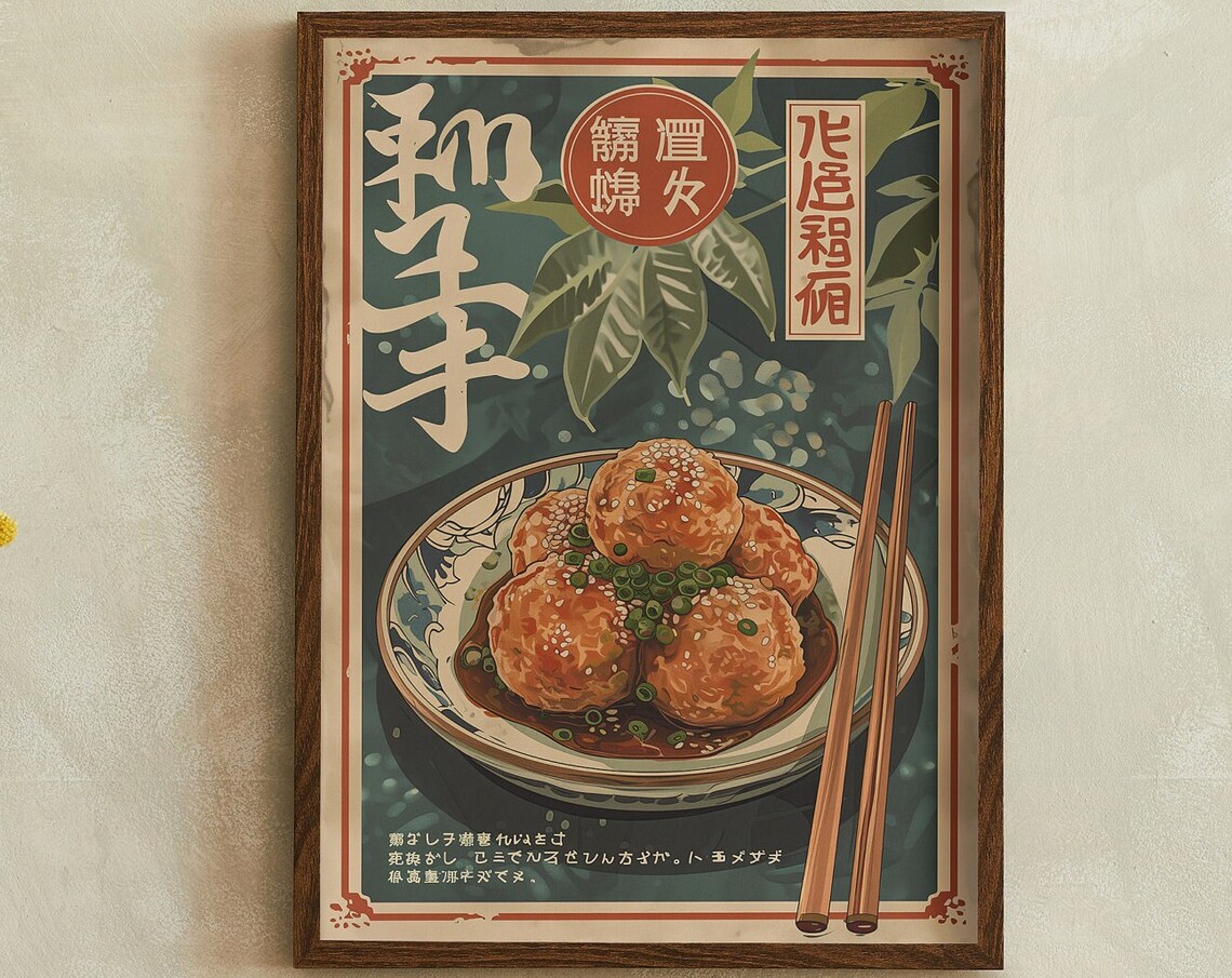 Vintage Japanese Takoyaki Street Food Snack Retro Kitchen Poster