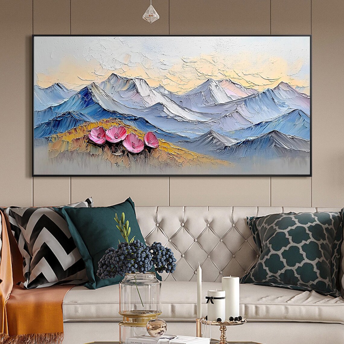 Pink Flowers Blue Mountain Range Textured Oil Painting Nature Wall Art - Image 4