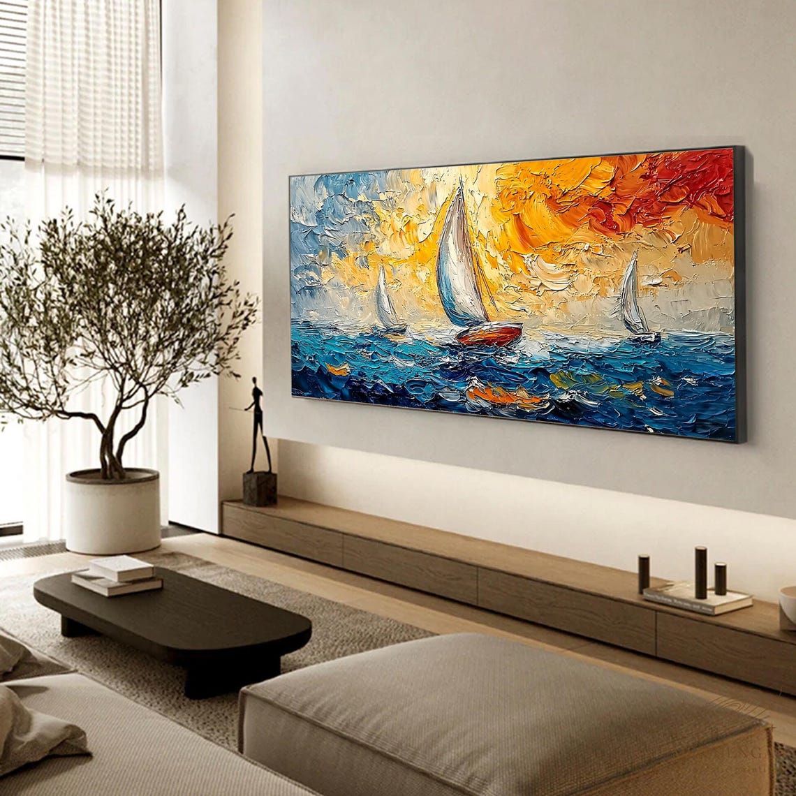 Three Sailboats Fiery Orange Sunset Textured Ocean Wave Oil Painting - Image 3