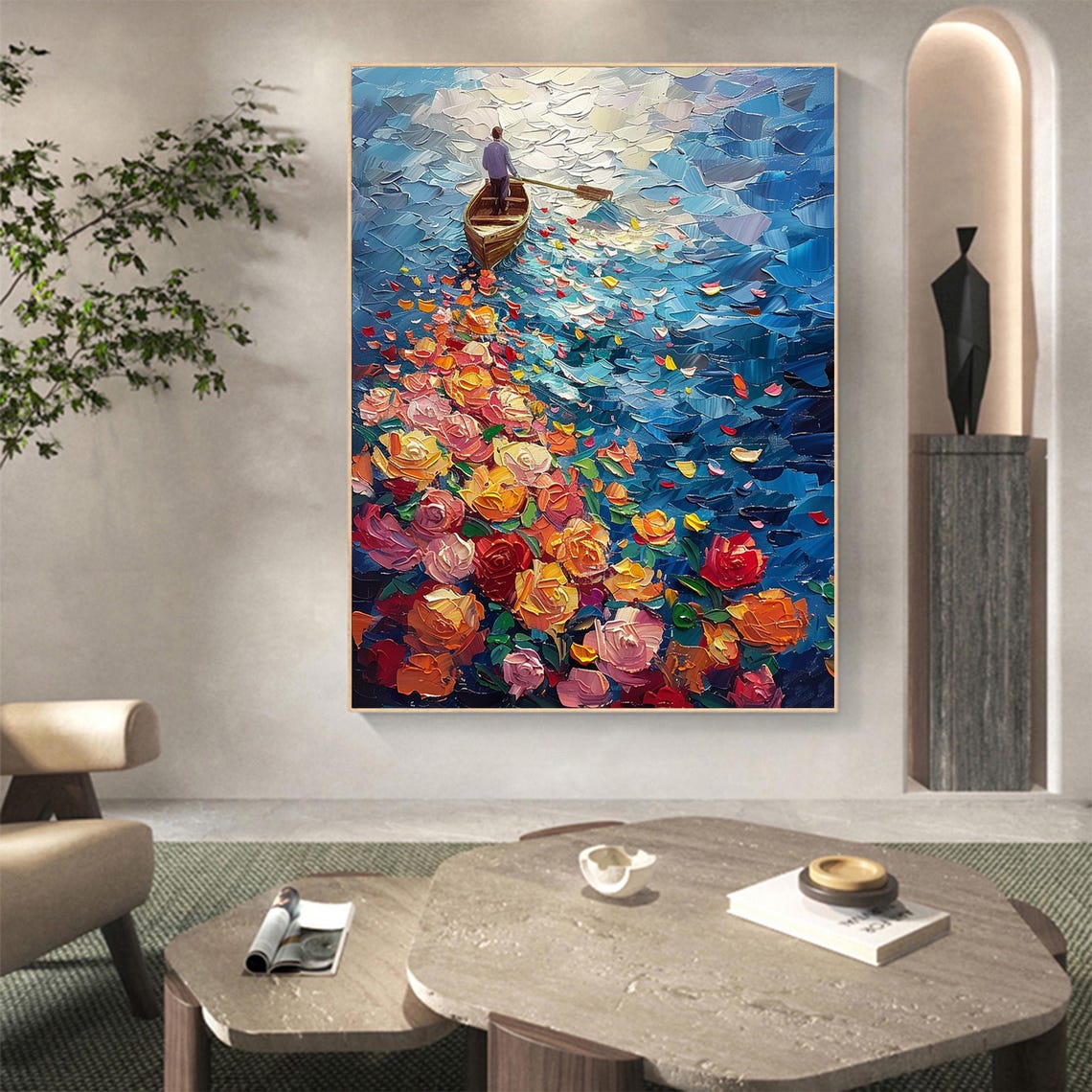Boatman Rowing Through Blooming Roses Blue Ocean Oil Painting Poster - Image 2