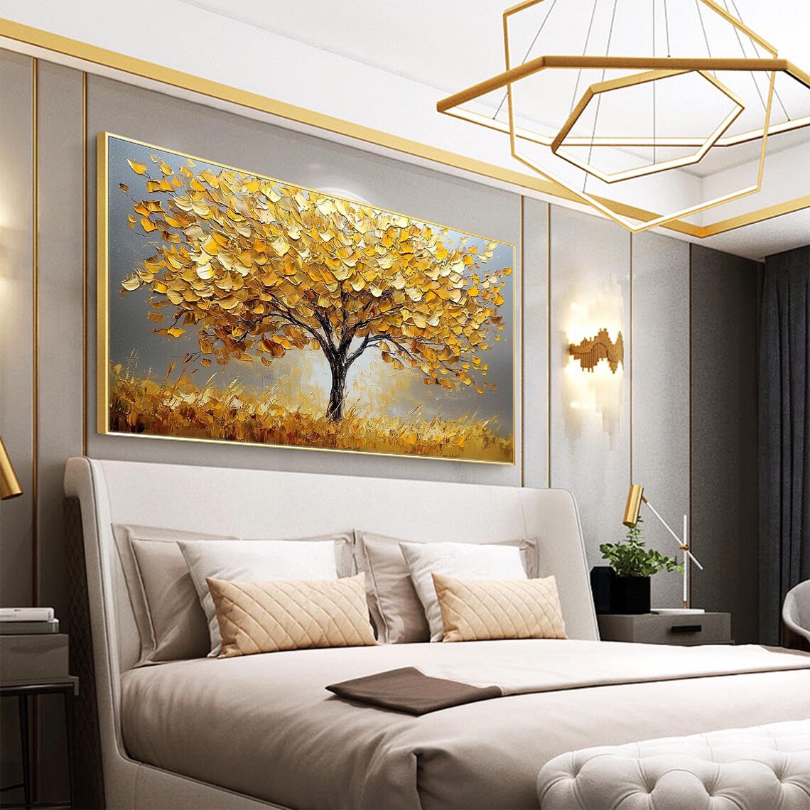 Golden Tree Of Life Textured Oil Painting Gold Leaf Autumn Wall Art - Image 3