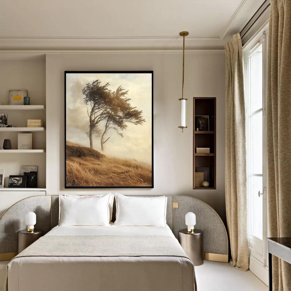 Windswept Lone Tree Golden Hill Misty Autumn Landscape Wall Painting - Image 3