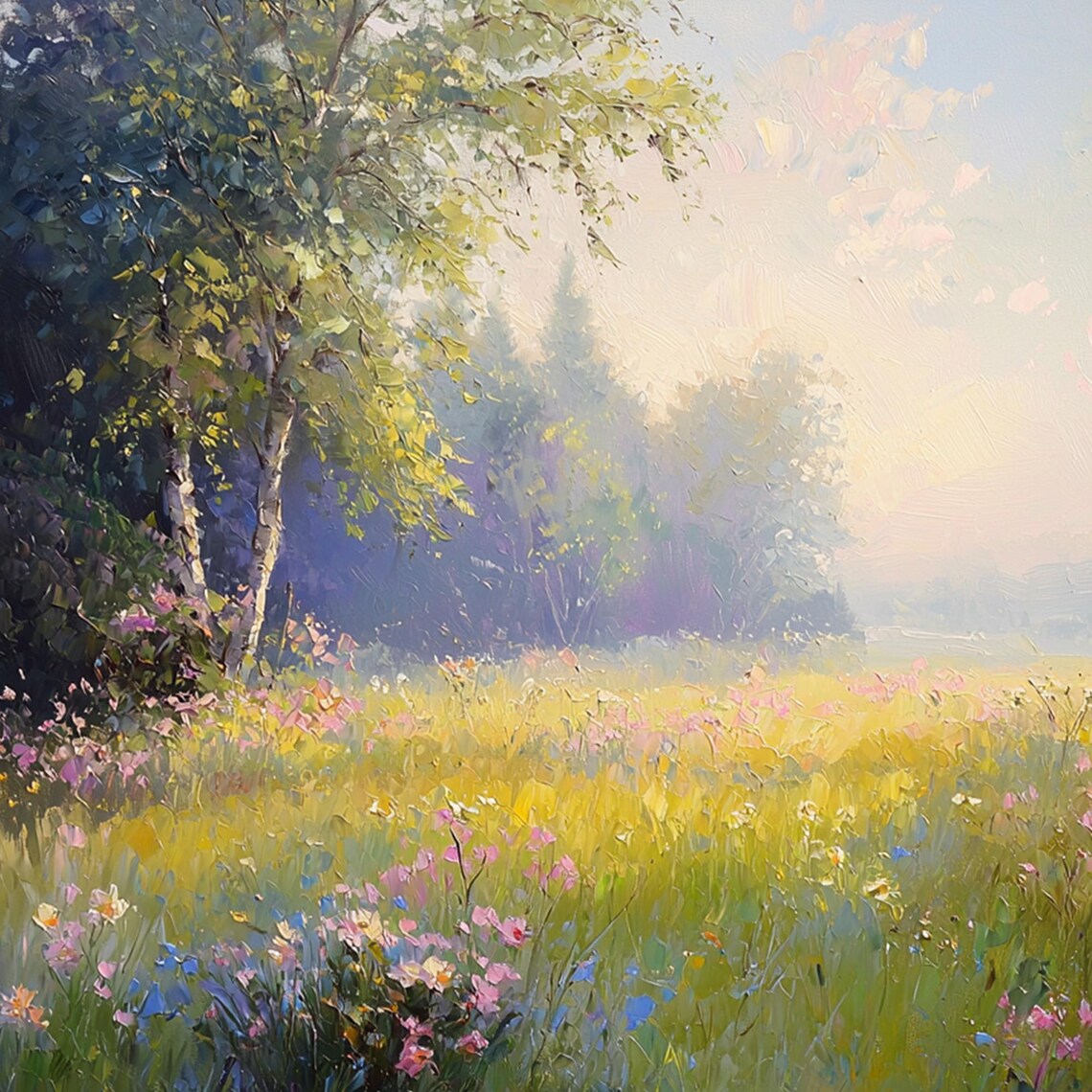 Spring Meadow Wildflowers Morning Mist Soft Pastel Oil Painting Poster - Image 3