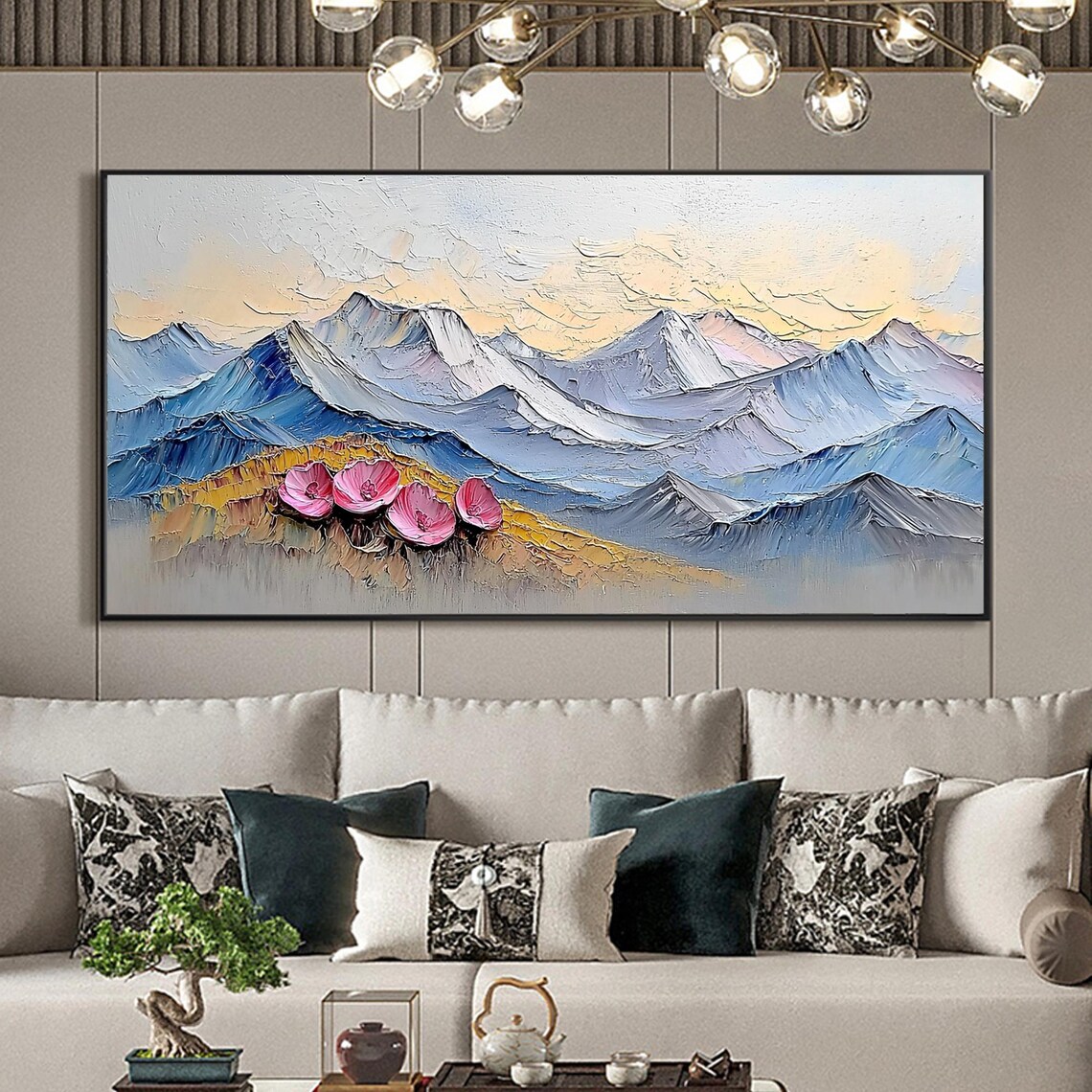 Pink Flowers Blue Mountain Range Textured Oil Painting Nature Wall Art