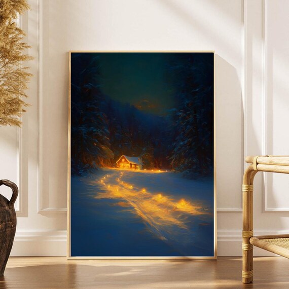 Snowy Night Cabin Woods Glowing Winter Impressionist Wall Art