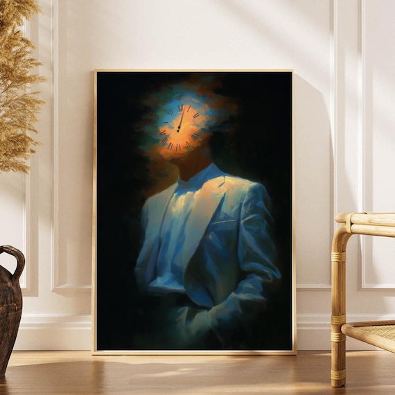 Surreal Man in Suit with Clock Face Head Time Concept Wall Art
