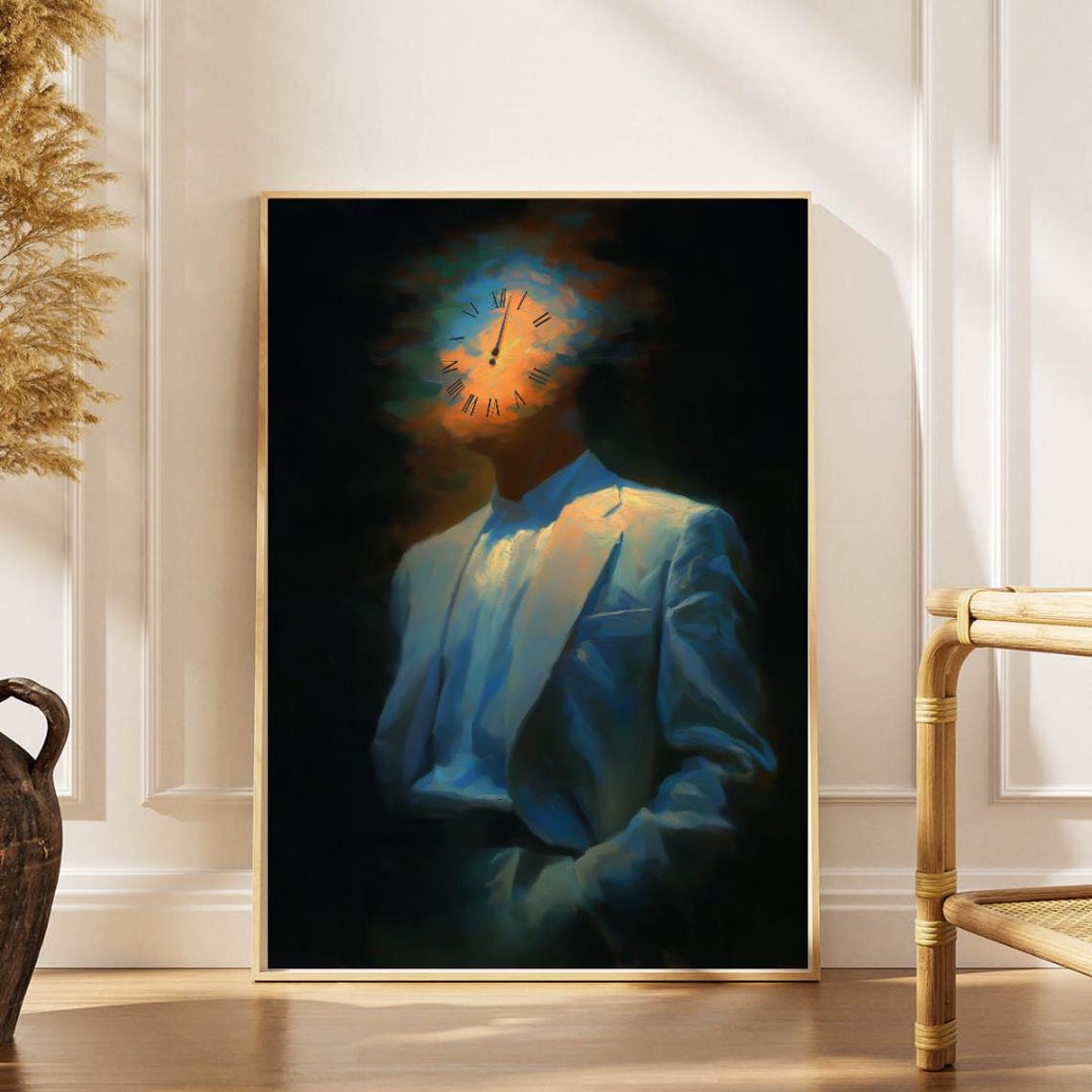 Surreal Man in Suit with Clock Face Head Time Concept Wall Art