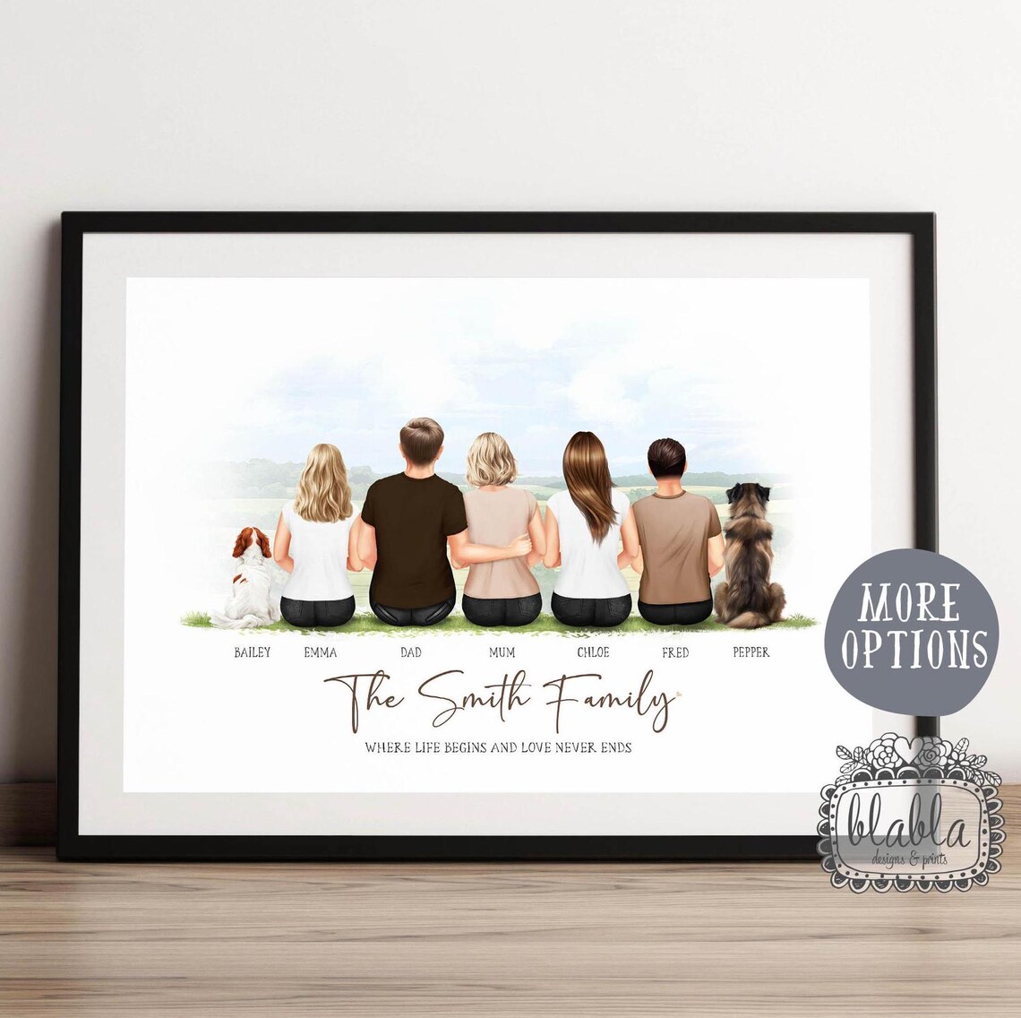 Family Of Five With Two Dogs Seated Custom Portrait Wall Art