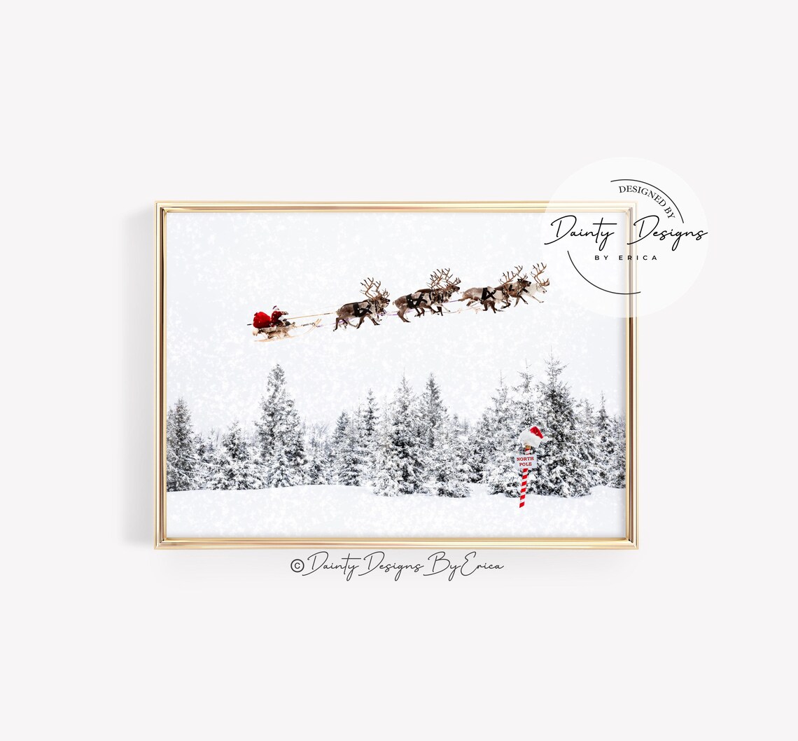 Santa Sleigh Reindeer Snowy Forest North Pole Beautiful Poster - Image 2