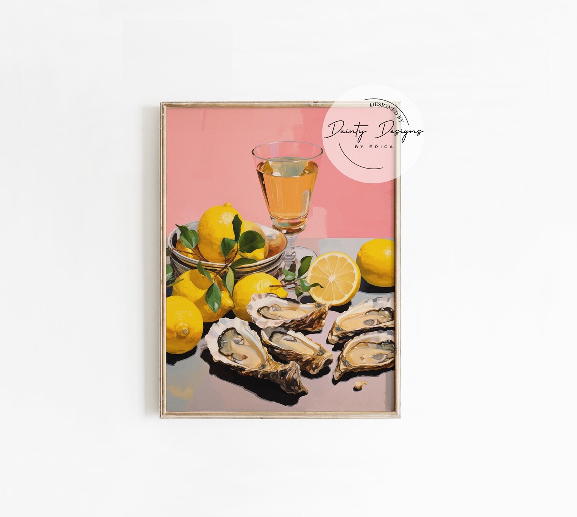 Oysters and Lemons Painting Wine Glass Pink Coastal Kitchen Print - Image 2