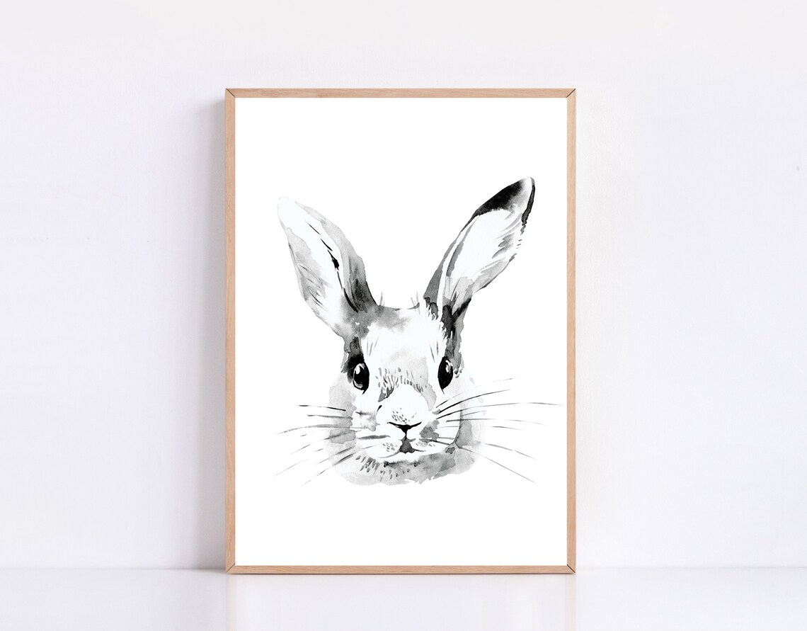 Watercolor Bunny Rabbit Face Black and White Nursery Animal Art Poster - Image 3