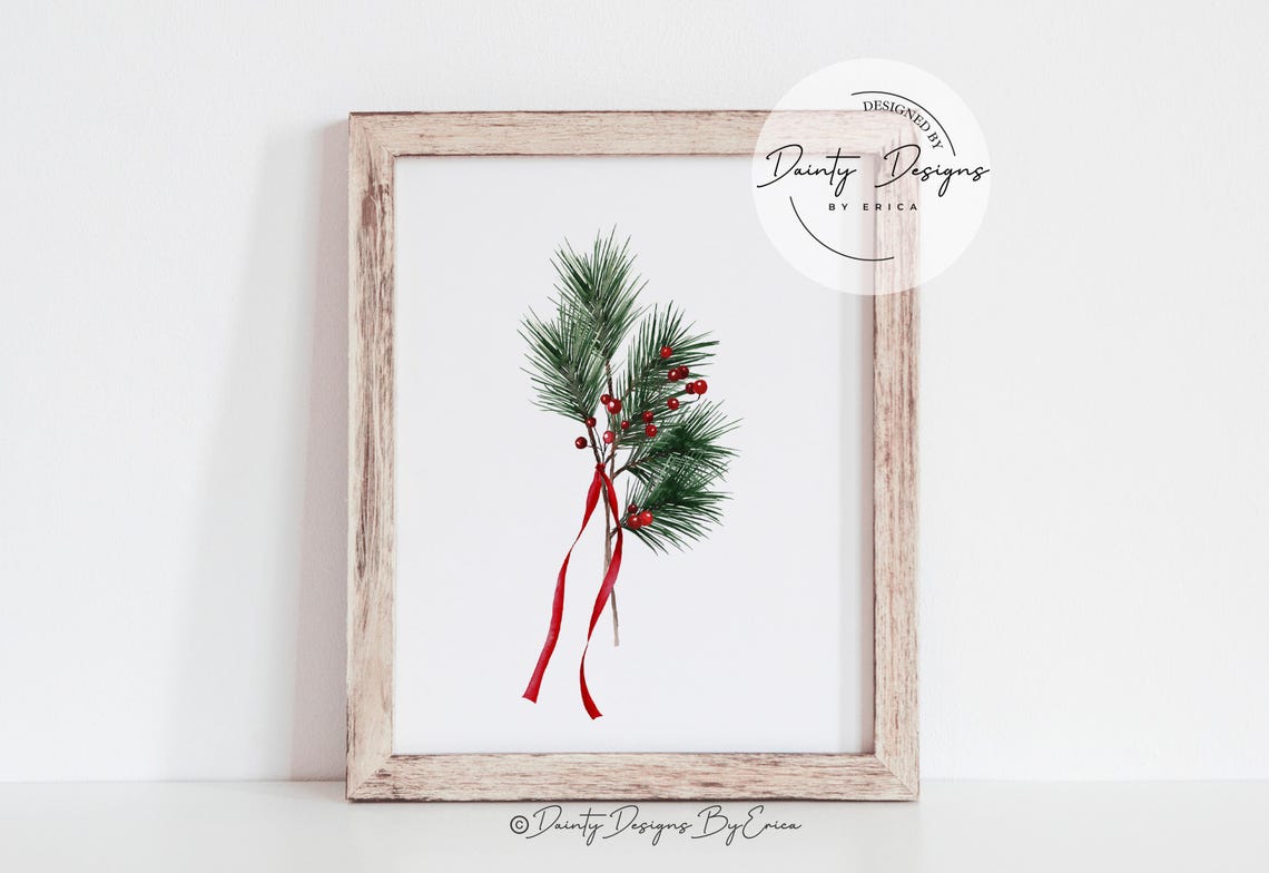 Pine Branch Watercolor Print Red Berries Ribbon Minimal Holiday Art - Image 4