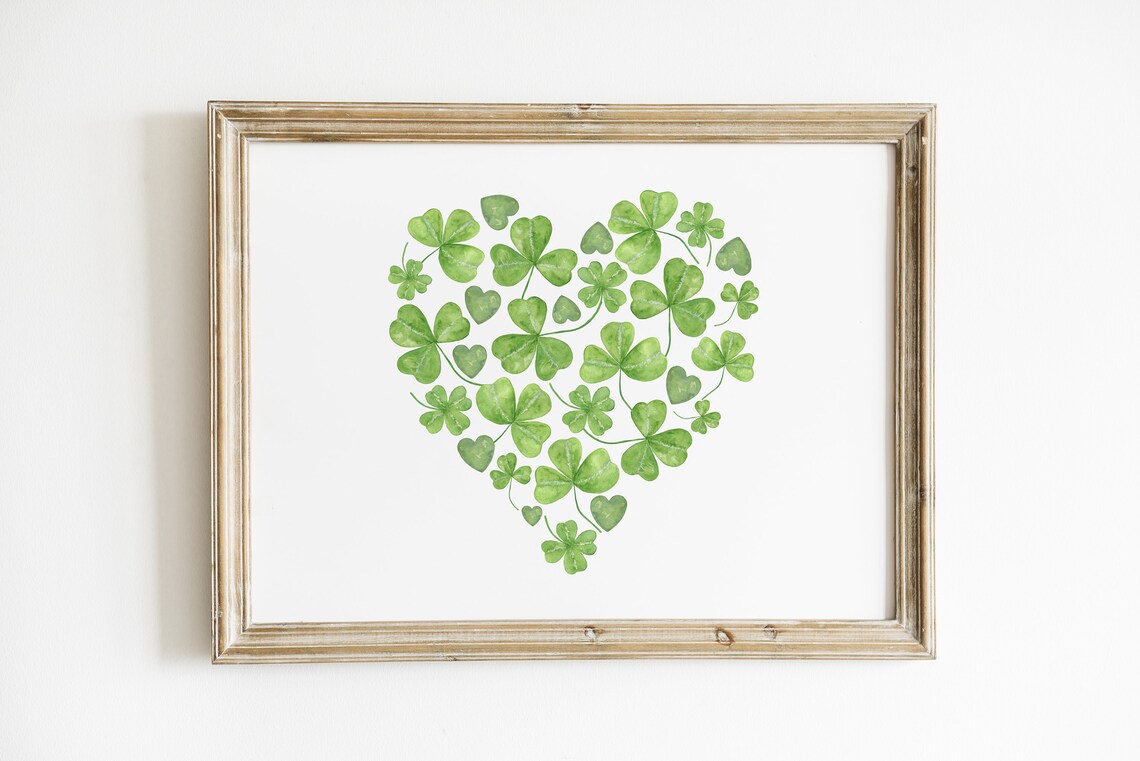 Watercolor Shamrock Heart Green Clover St Patricks Day Irish Art Print - Image 3