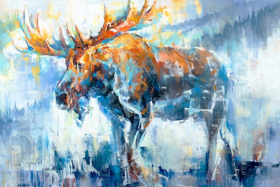 Bull Moose With Large Antlers Blue Orange Impressionist Art Poster