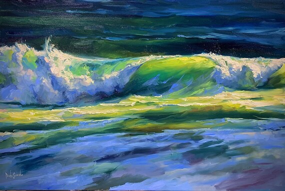 Glowing Green Ocean Wave Curl Over Dark Water Night Surf Poster