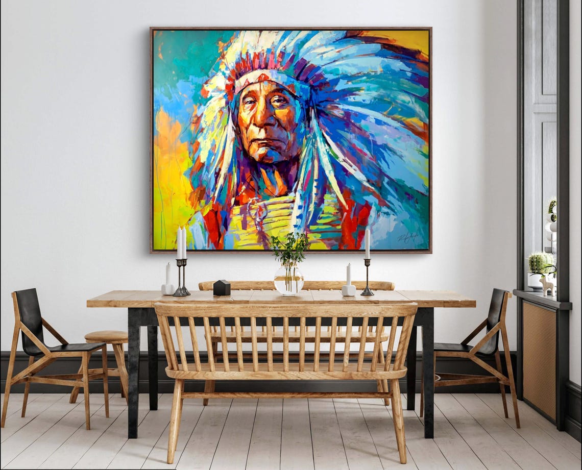 Native American Chief Bold Colorful Feather Headdress Art Poster - Image 2