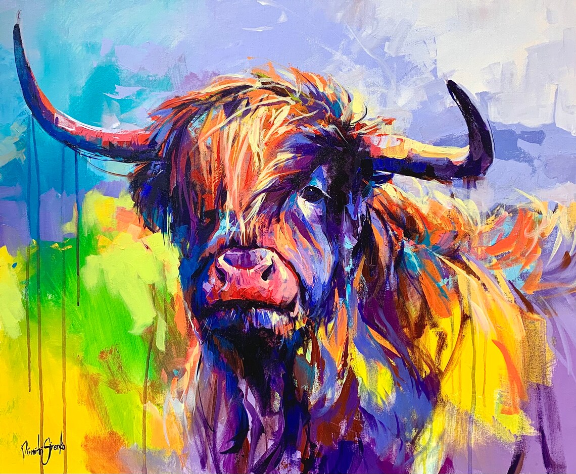 Highland Cow Colorful Portrait Long Horned Farm Animal Art Poster
