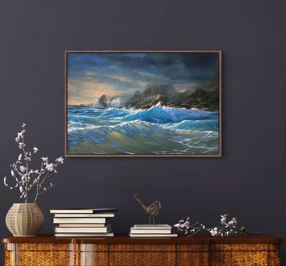 Deep Blue Ocean Waves Under Dark Stormy Sky Rocky Coastline Poster - Image 2
