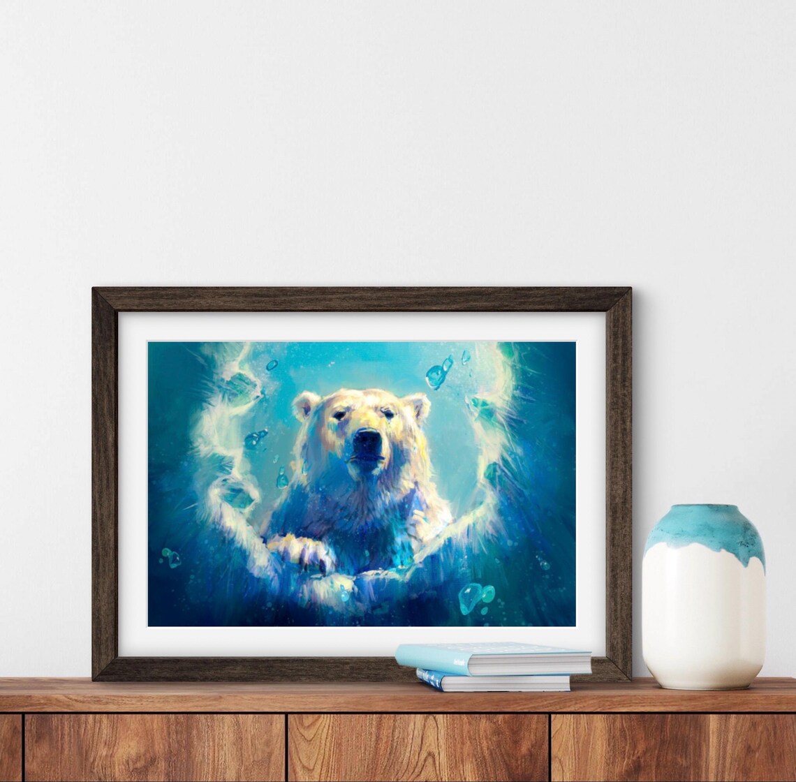 Polar Bear Breaking Through Blue Icy Water With A Direct Gaze Wildlife Poster