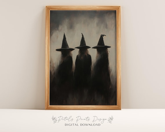 Three Witch Silhouettes in Mist Dark Moody Vintage Halloween Art Poster