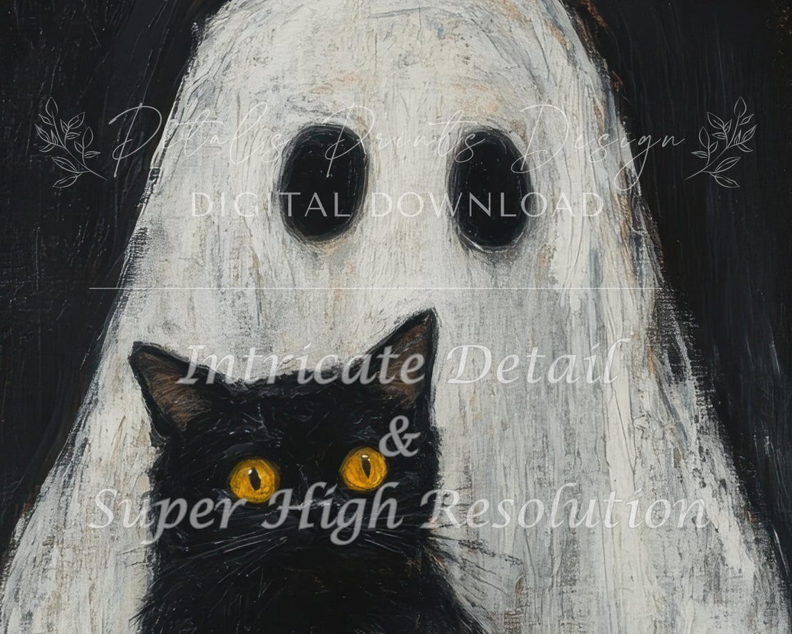 Ghost Hugging Black Cat Spooky Vintage Halloween Painting Poster - Image 2