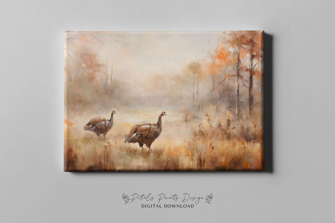 Two Wild Turkeys Misty Autumn Field Vintage Fall Wildlife Poster - Image 3