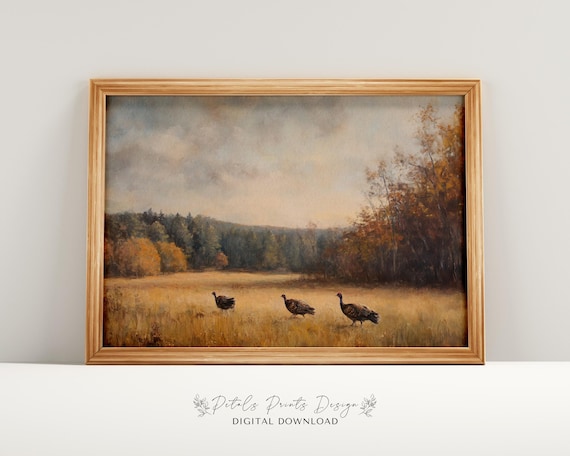 Wild Turkeys In Golden Autumn Field Countryside Painting Poster