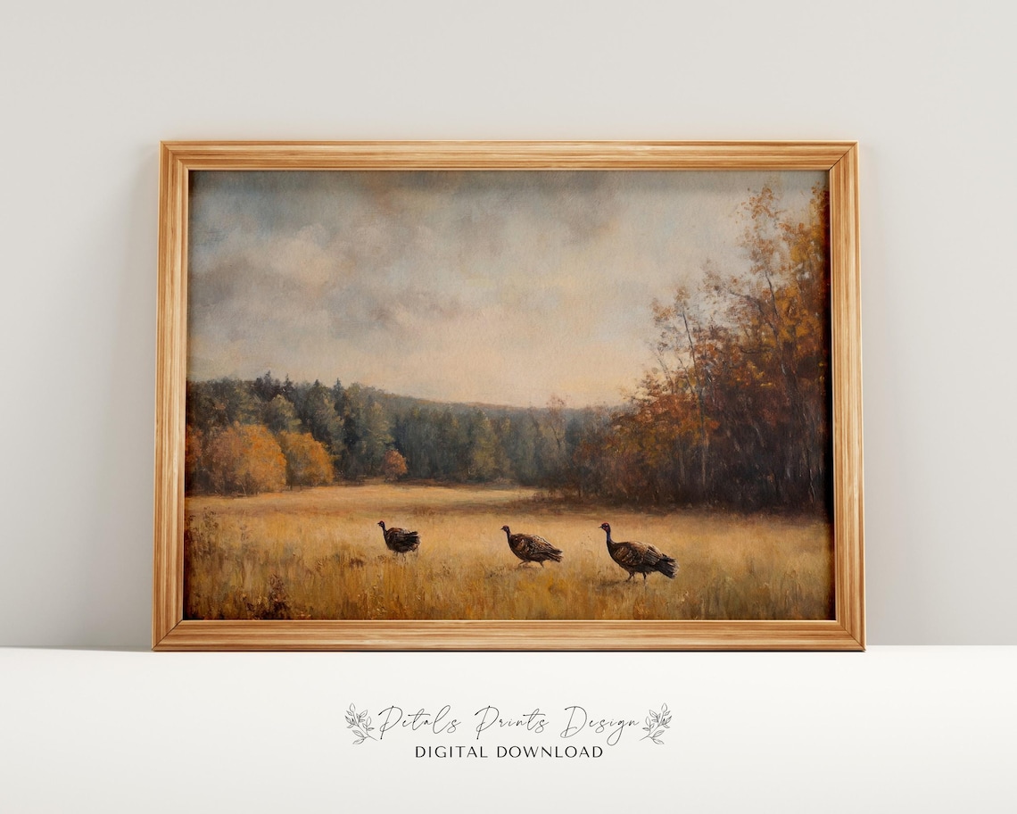 Wild Turkeys In Golden Autumn Field Countryside Painting Poster