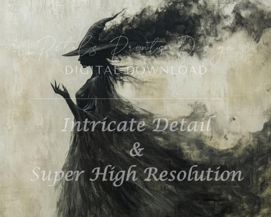 Dark Witch Silhouette with Smoky Dress Vintage Halloween Painting Poster - Image 2