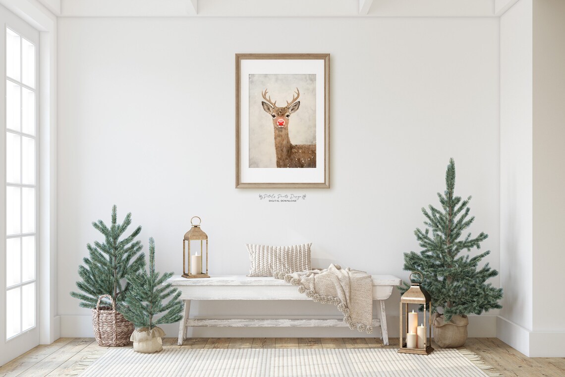 Reindeer Oil Painting Rustic Christmas Art Print - Image 3