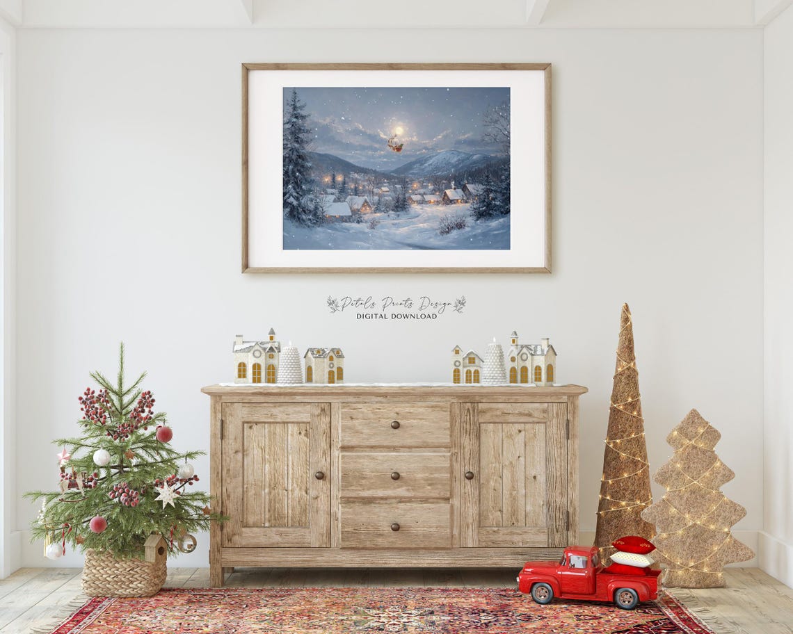 Santa Flying Over Snowy Village Night Moon Christmas Painting Poster - Image 3