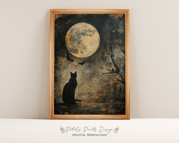 Black Cat Full Moon Bats Vintage Halloween Spooky Night Art Print
