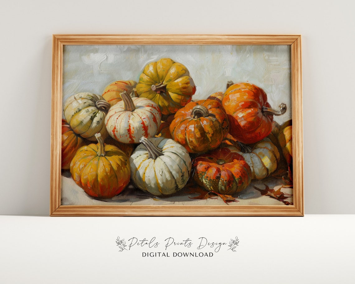 Rustic Pumpkin Pile Autumn Still Life Oil Painting Fall Poster