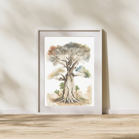 Folk Botanical Watercolor Wall Art Of Large Baobab African Tree