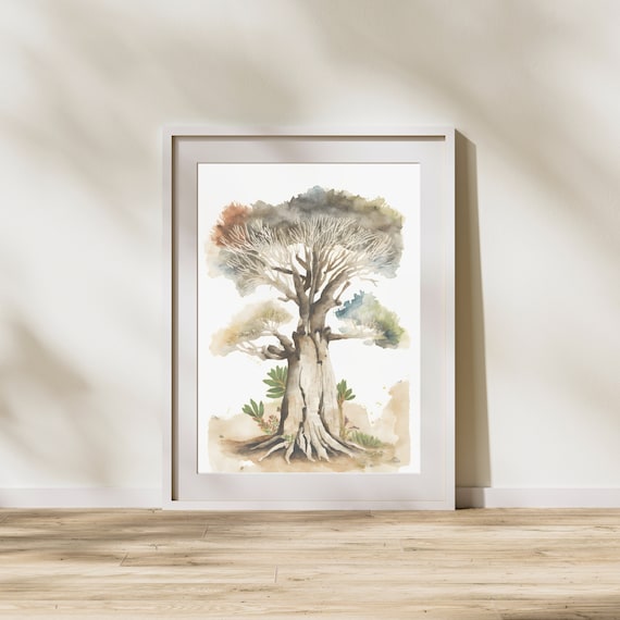 Watercolor Baobab Tree Folk Botanical Art Poster with Soft Tones
