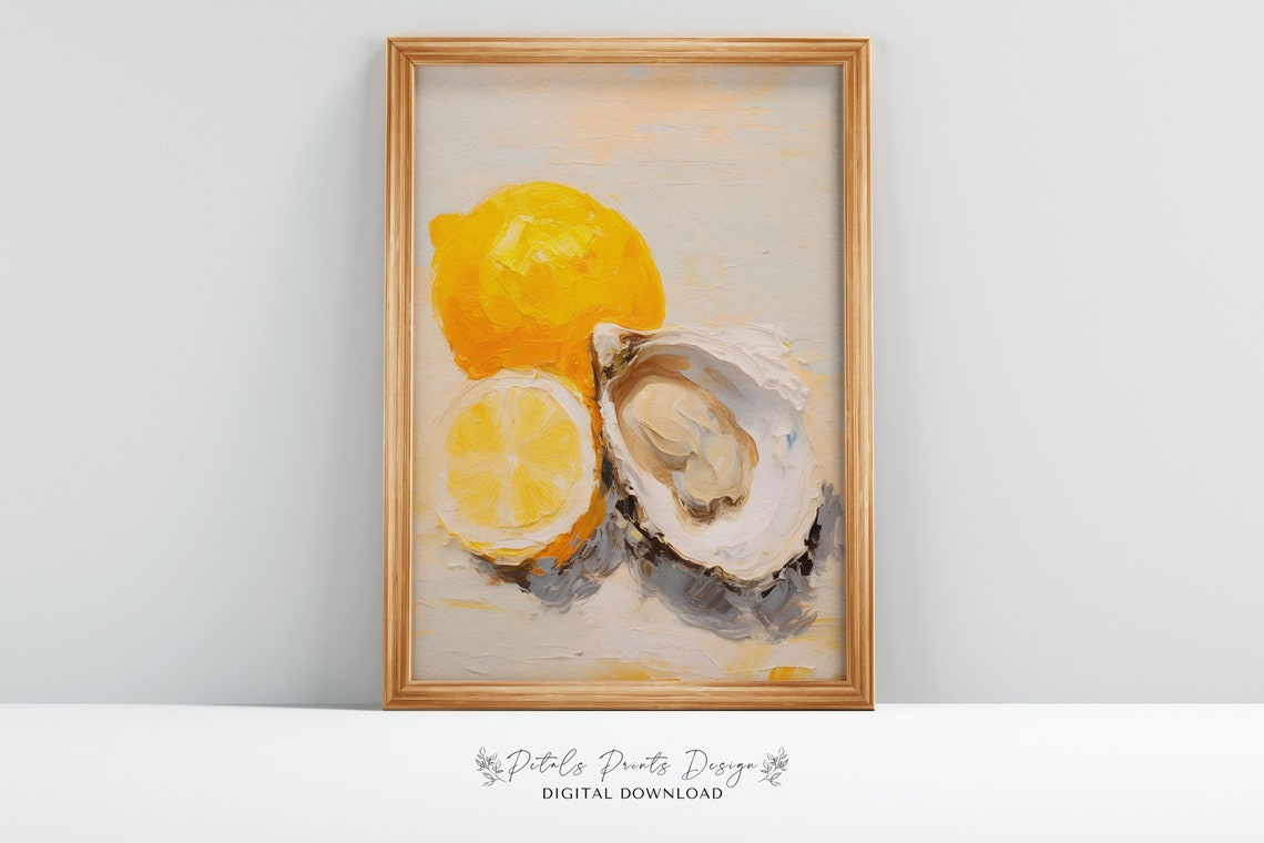 Oyster Lemon Still Life Yellow Citrus Coastal Kitchen Art Poster