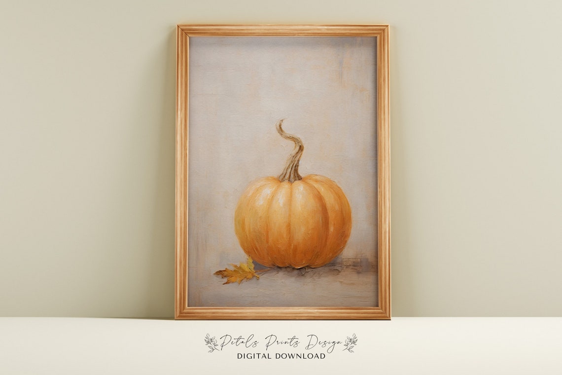 Rustic Single Pumpkin Still Life Autumn Oil Painting Style Wall Art
