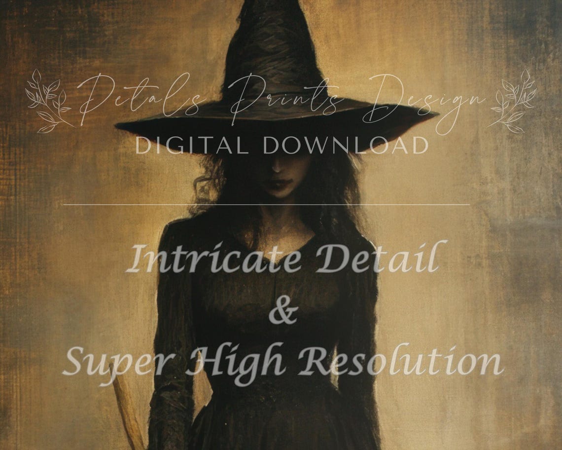Dark Witch Portrait Black Hat Broom Gothic Halloween Wall Art - Image 2