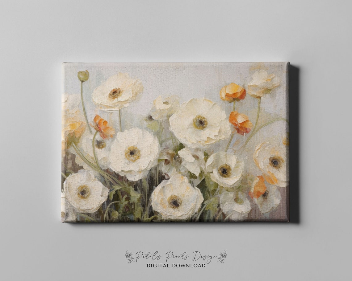 White Anemones with Orange Accents Soft Meadow Floral Poster - Image 4