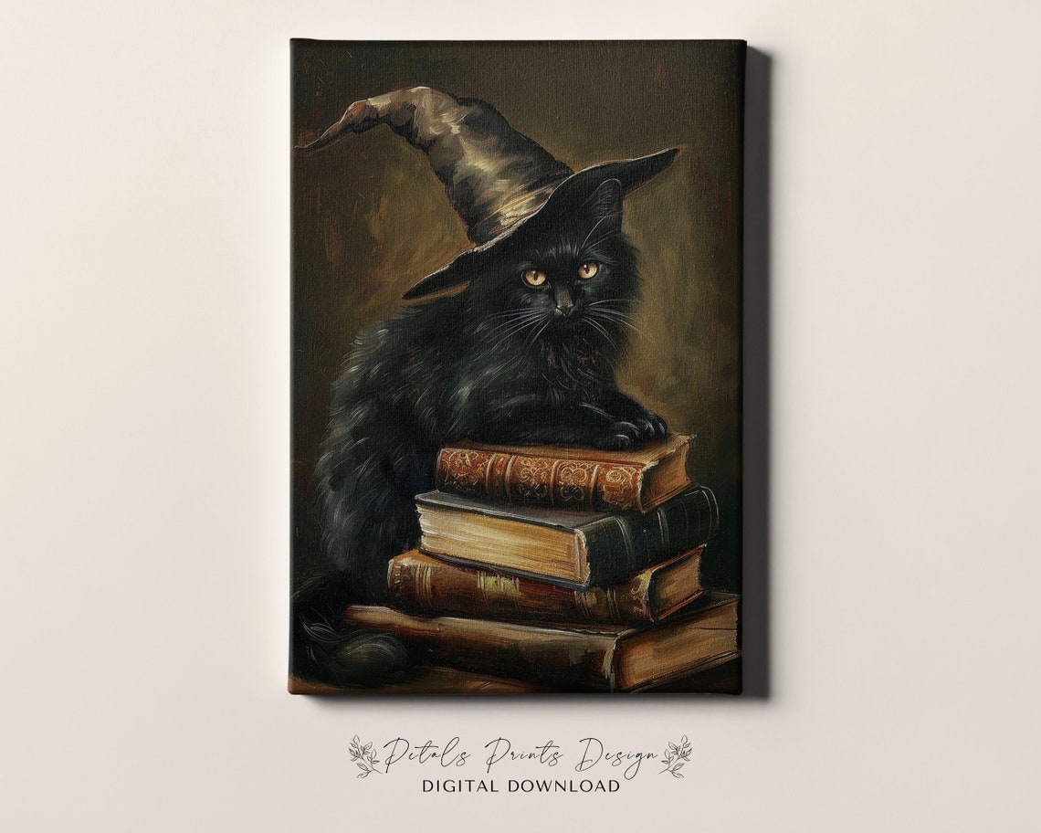 Sleepy Black Cat In Witch Hat Lying On Old Books Halloween Poster - Image 4
