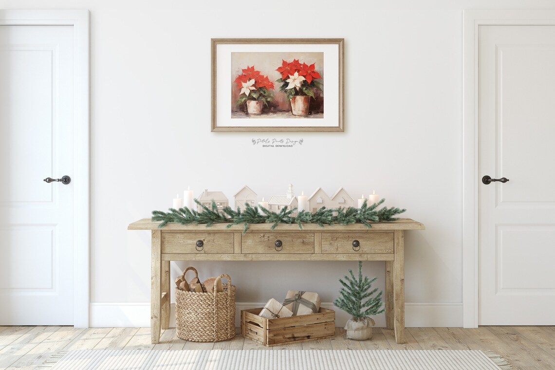 Poinsettia Christmas Art Print, Rustic Vintage Xmas Decor - Image 2