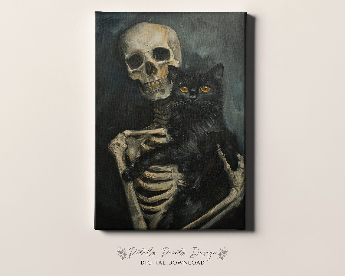 Skeleton And Black Cat Companions Gothic Halloween Painting Poster - Image 4