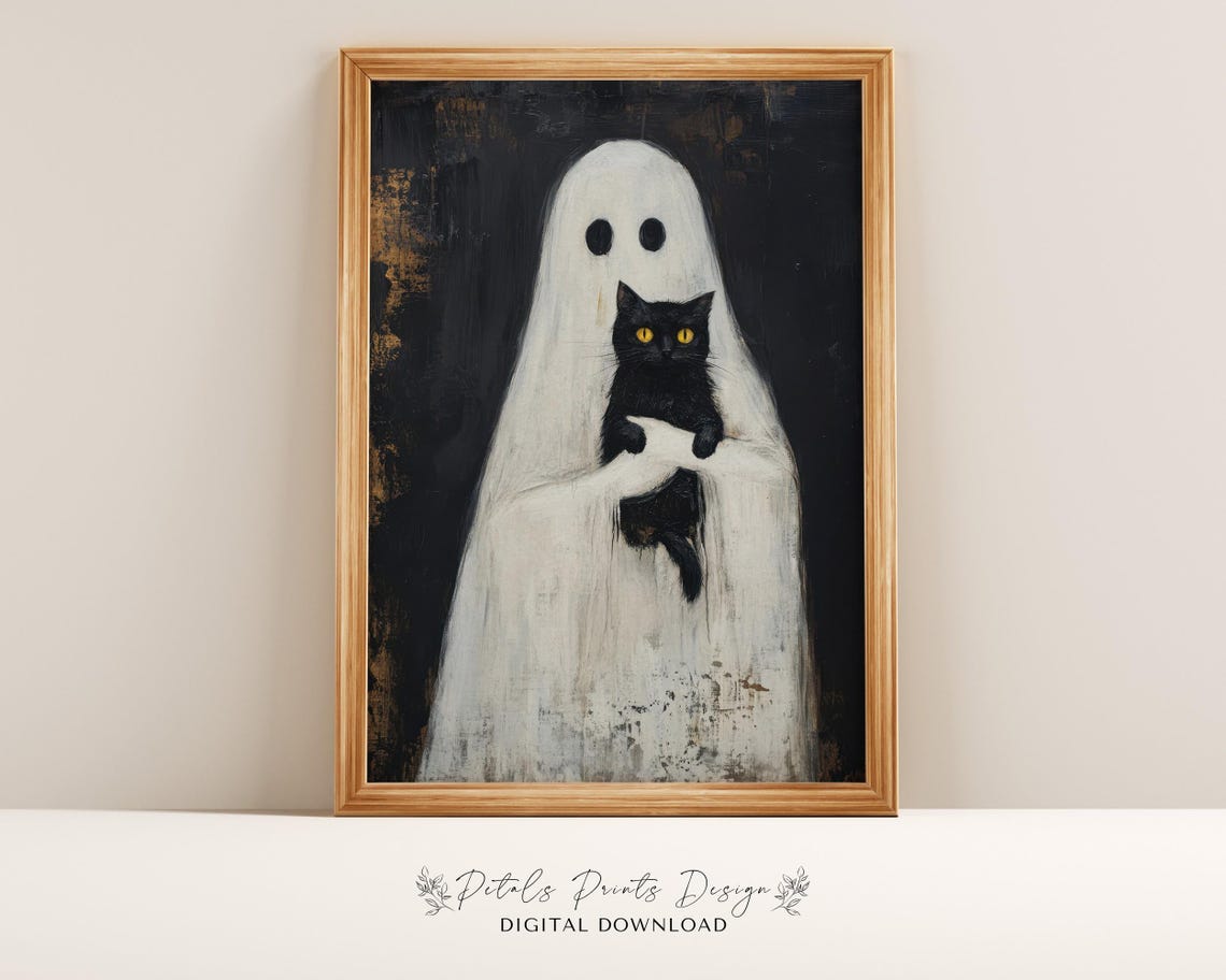 Cute Ghost Holding Black Cat Halloween Gothic Dark Oil Painting Poster