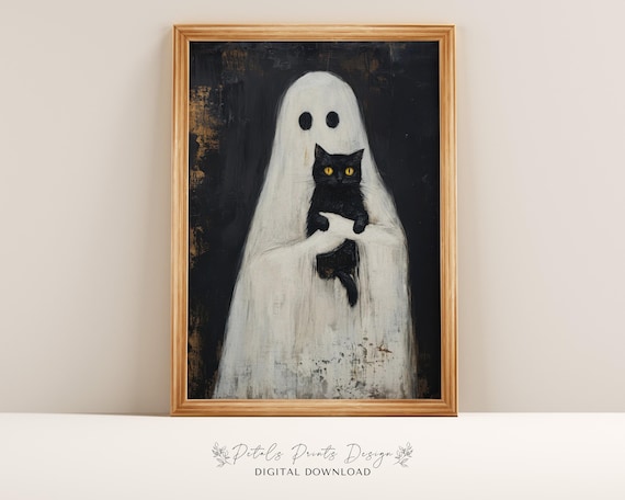 Cute Ghost Holding Black Cat Halloween Gothic Dark Oil Painting Poster