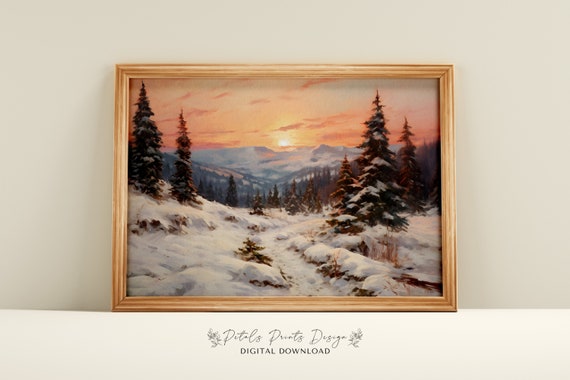 Rustic Winter Landscape Vintage Poster, Farmhouse Decor