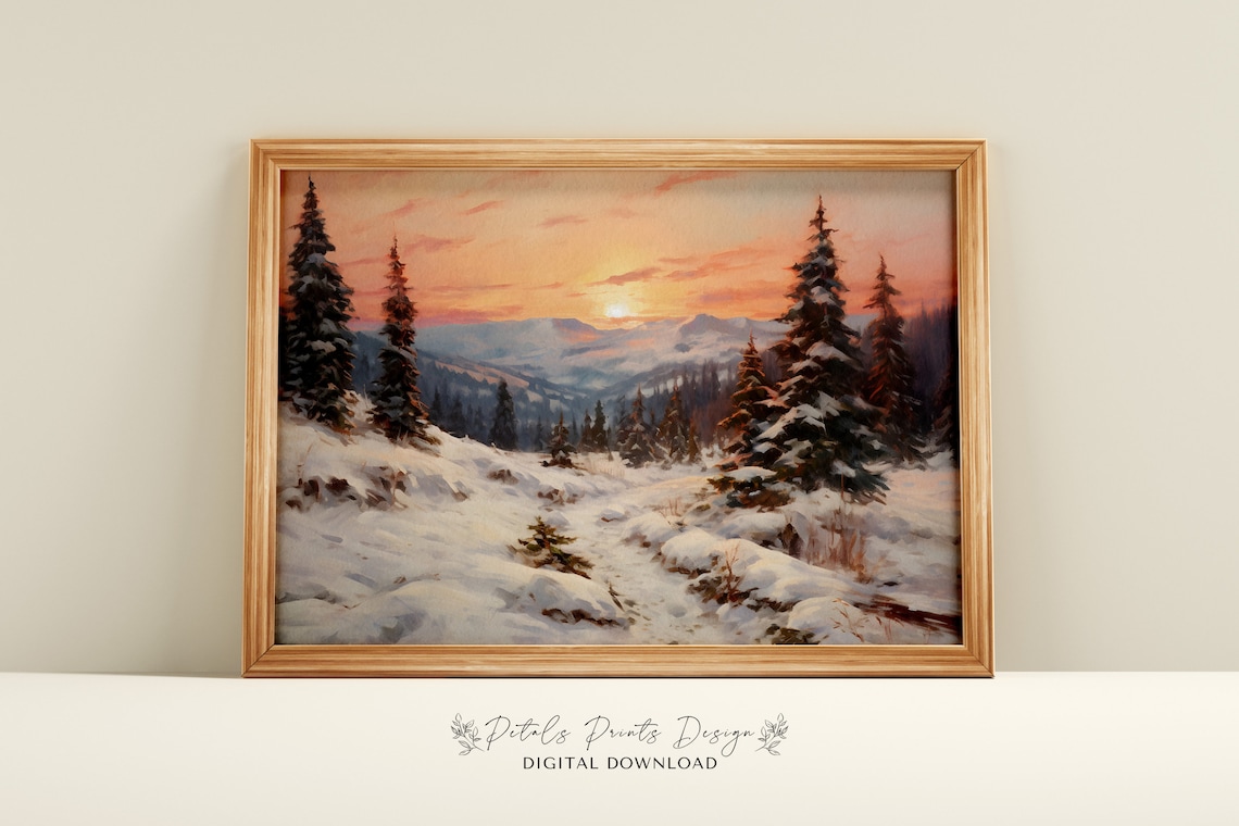 Rustic Winter Landscape Vintage Poster, Farmhouse Decor