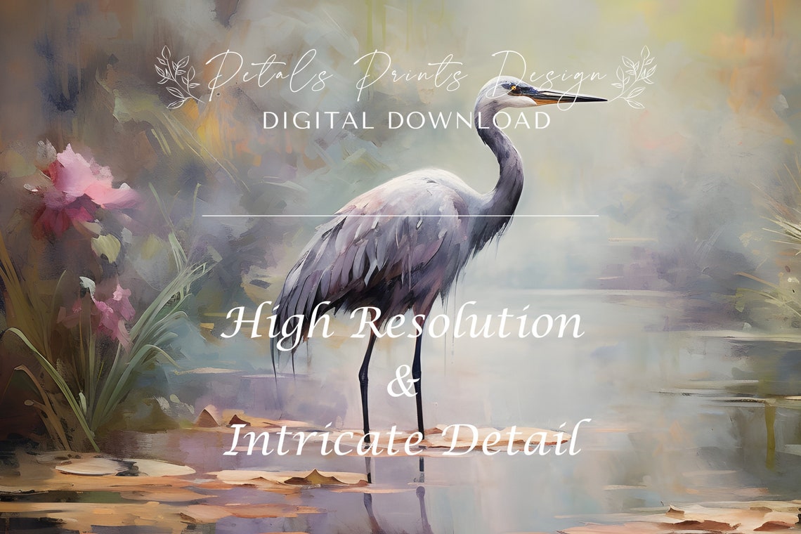 Gray Heron Wading in Pond with Pink Lotus Flowers Misty Poster - Image 3