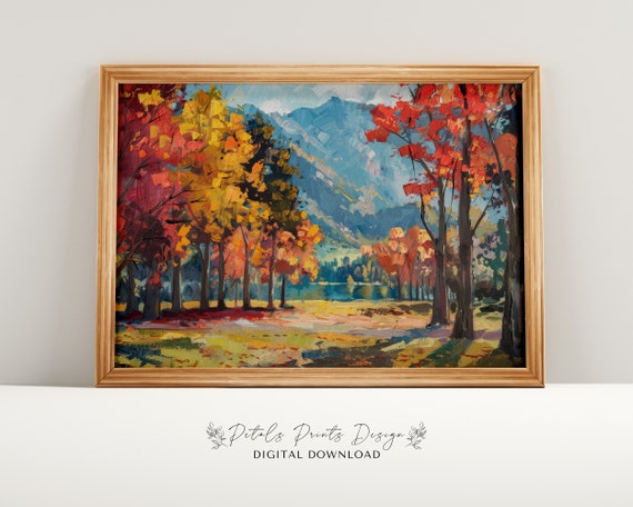 Rustic Fall Landscape Print Vintage Autumn Moody Countryside Painting Farmhouse Decor Fall Wall Print Autumn Landscape Earth Tone