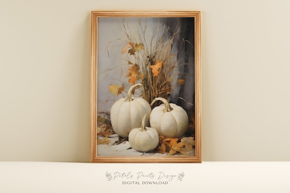 White Pumpkins Wheat Autumn Still Life Vintage Farmhouse Fall Poster