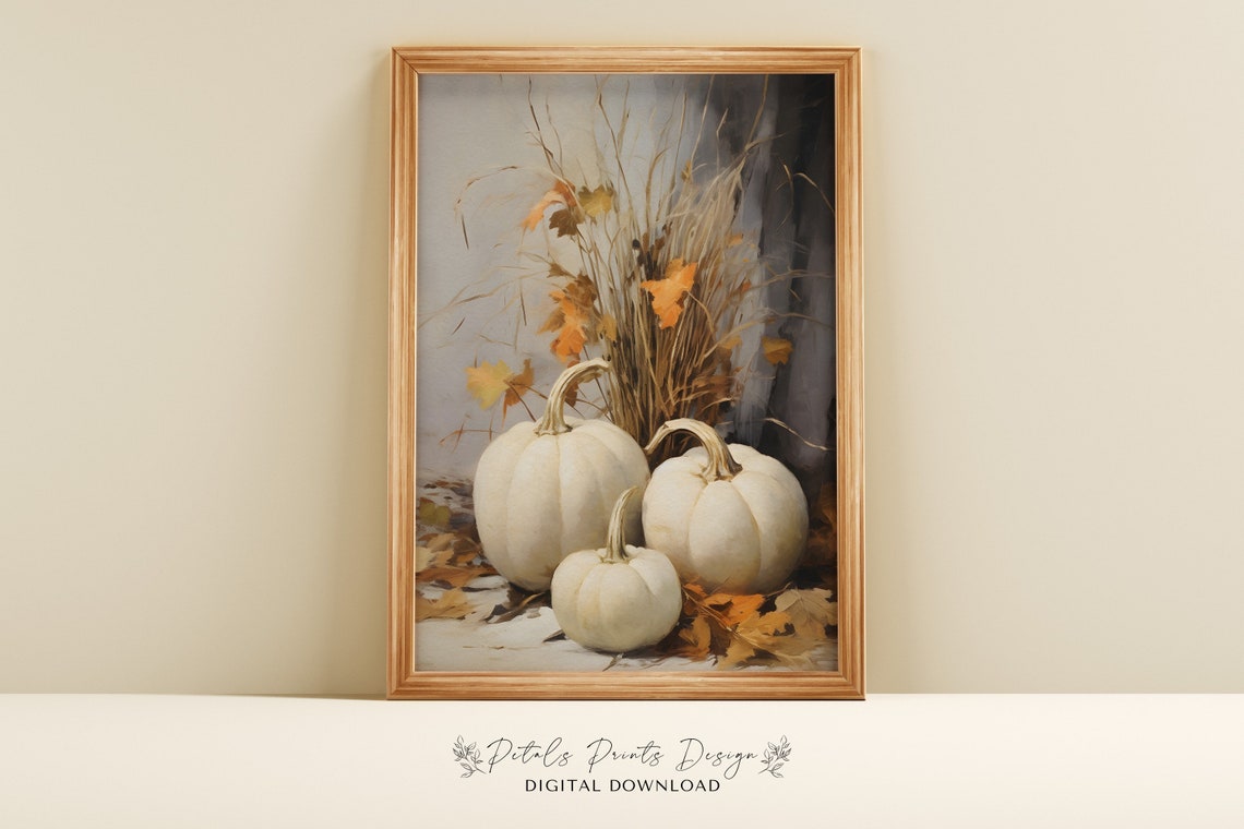 White Pumpkins Wheat Autumn Still Life Vintage Farmhouse Fall Poster